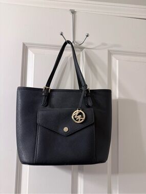 Michael Kors Black Saffiano Leather Tote with Gold Logo Charm